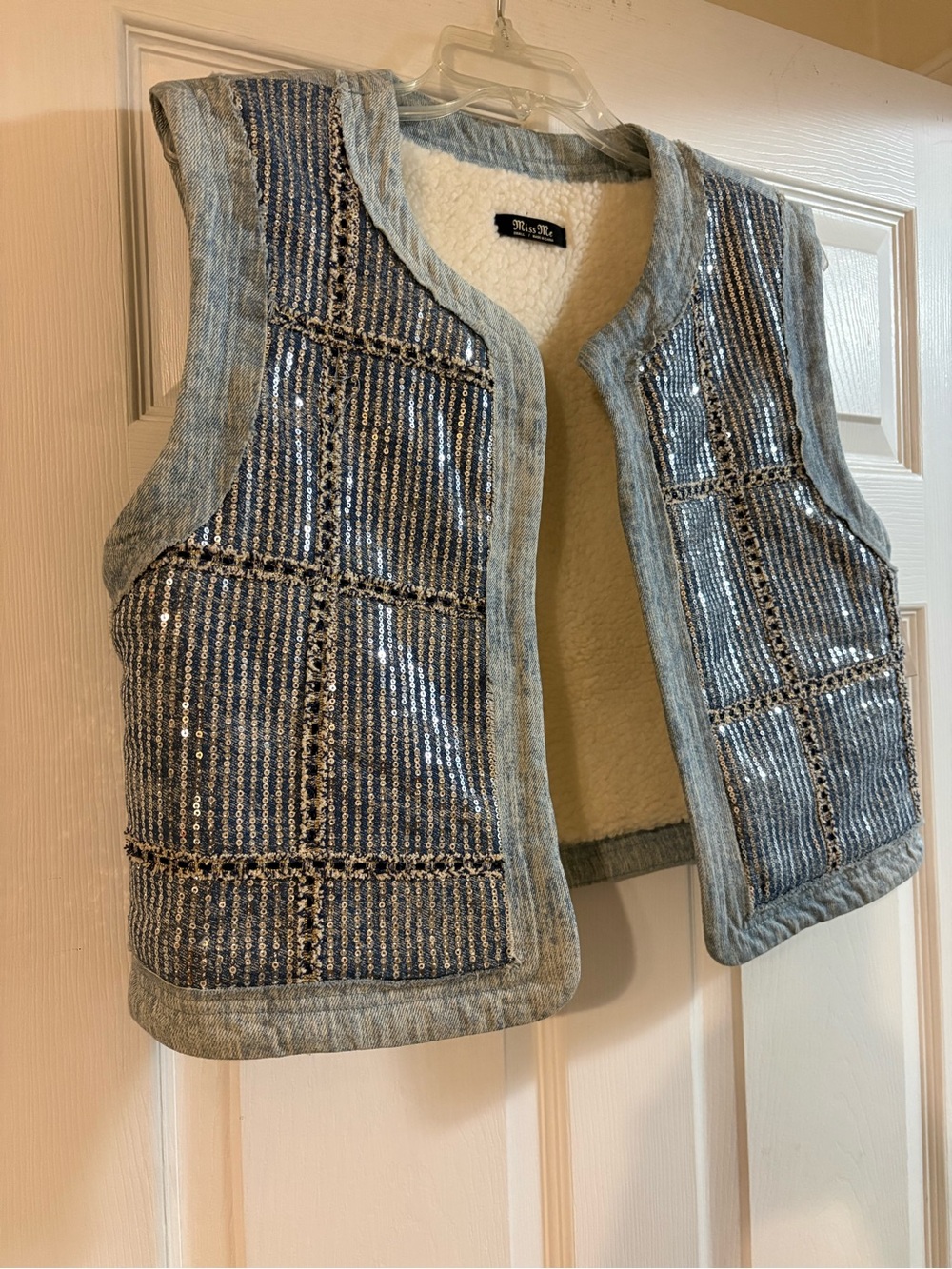 Miss Me Light Blue Denim Quilted Vest with Cream Sherpa